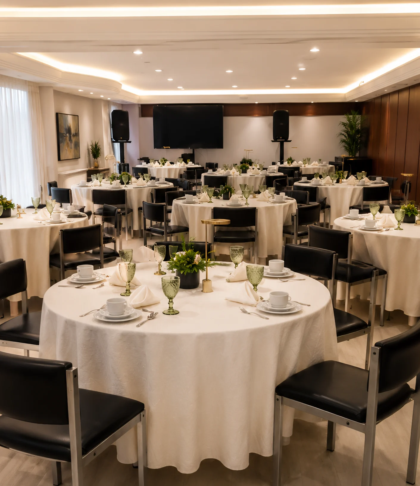 Cadeiras dispostas em U no espaço de eventos do Hotel Santoni